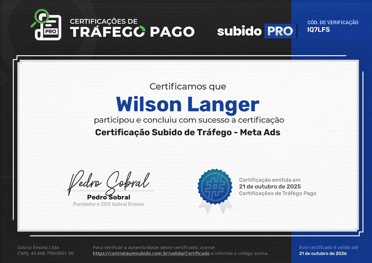 Certificado Subido de Tráfego Meta Ads emitido para Wilson Langer